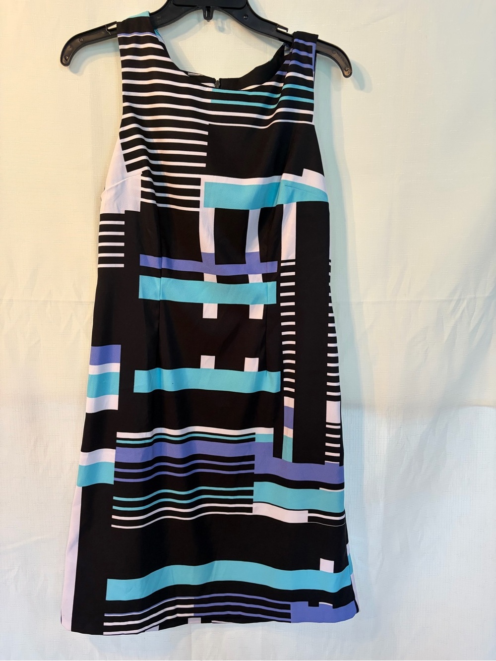 NorthStyle Black Shift Dress with Aqua, Lavender and White Geometric Print